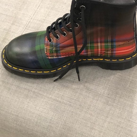 Dr. Martens Black and Red Plaid Lace-Up Boots - Picture 1 of 2